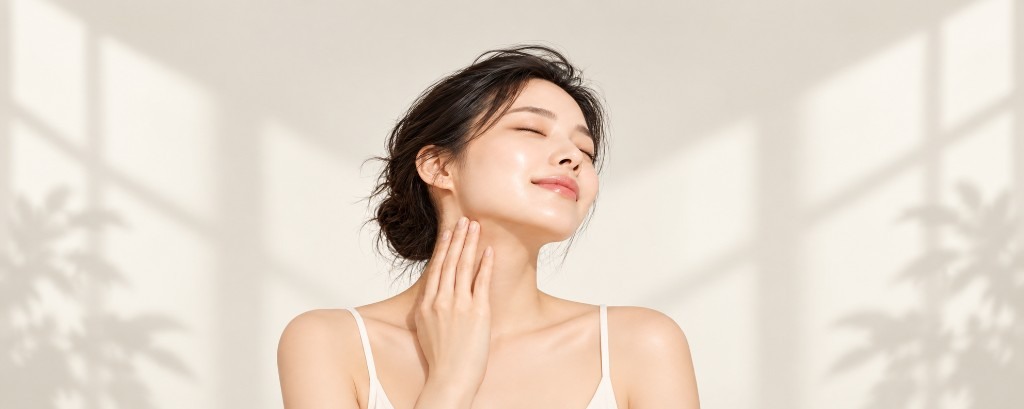 Model with serene closed eyes, peaceful meditation touching neck