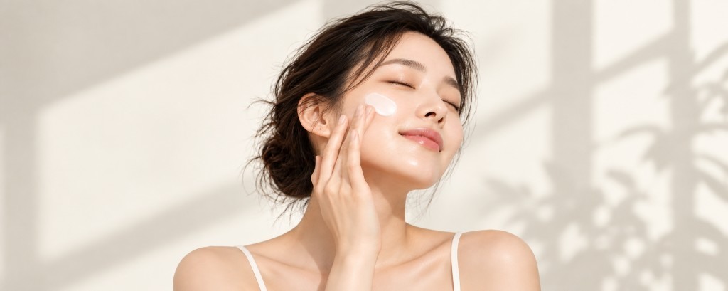 Model with eyes closed applying cream, glowing illuminated finish