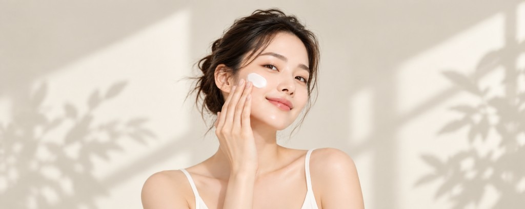 Model with radiant glass skin applying cream, soft serene gaze